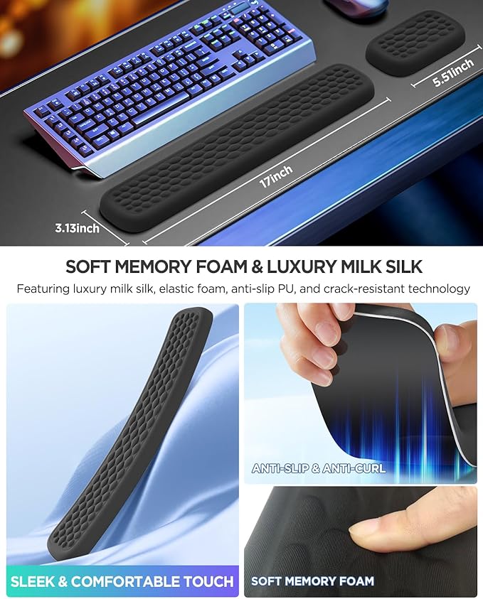 Lekvey Ergonomic Keyboard Wrist Rest, Silky Memory Foam with Massage Points Carpal Tunnel Support Wrist Pad for Office/Gaming, Typing Pain Relief, Black