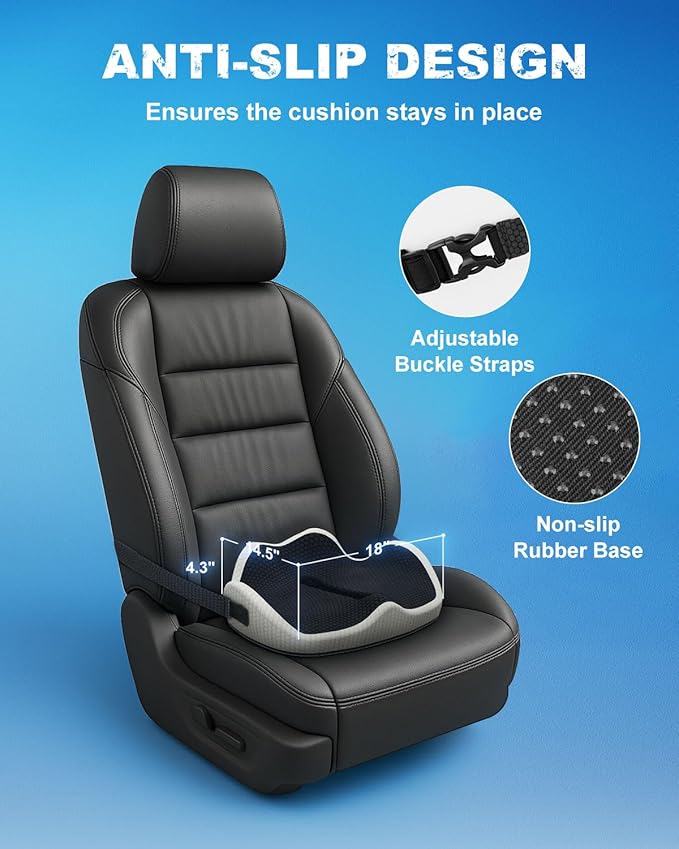 Memory Foam Truck Seat Cushion with TPE Gel Support, Truck Seat Cushion with Non-Slip Washable Cover for Back Support & Pain Relief During Long Drives(Black&Gray)