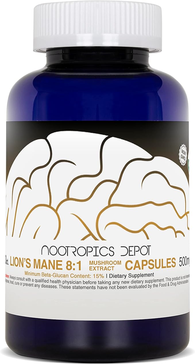 Nootropics Depot Lions Mane Mushroom Capsules | 8:1 Whole Fruiting Body Dual Extract | 500mg | 60 Count | Hericium erinaceus