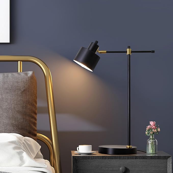 OYEARS Modern Industrial Desk Lamp for Reading LED 22.2“ Metal Table Lamp Light for Office Bedroom Study Room Living Room Nightstand Bedside Lamps Gold and Matte Black Accent (Black, Bulb Included)
