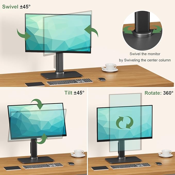 Single Monitor Mount with Power Outlet, Freestanding Monitor Stand for 13 inch to 32 inch Flat Curved Screen with Metal Base, 6 Heights Adjustable,Swivel, Tilt, Rotation, Max VESA 100x100mm