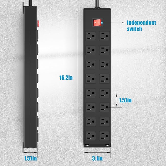 HHSOET Metal 16 Outlet Mountable Power Strip, Wall Mount Garage Workbench Socket, Gaming Table Surge Protector with 6 FT Power Cord.(Black)