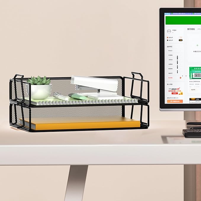 2 Tier Stackable Letter Tray Paper Holder Desk Organizer for Home Office School, Black