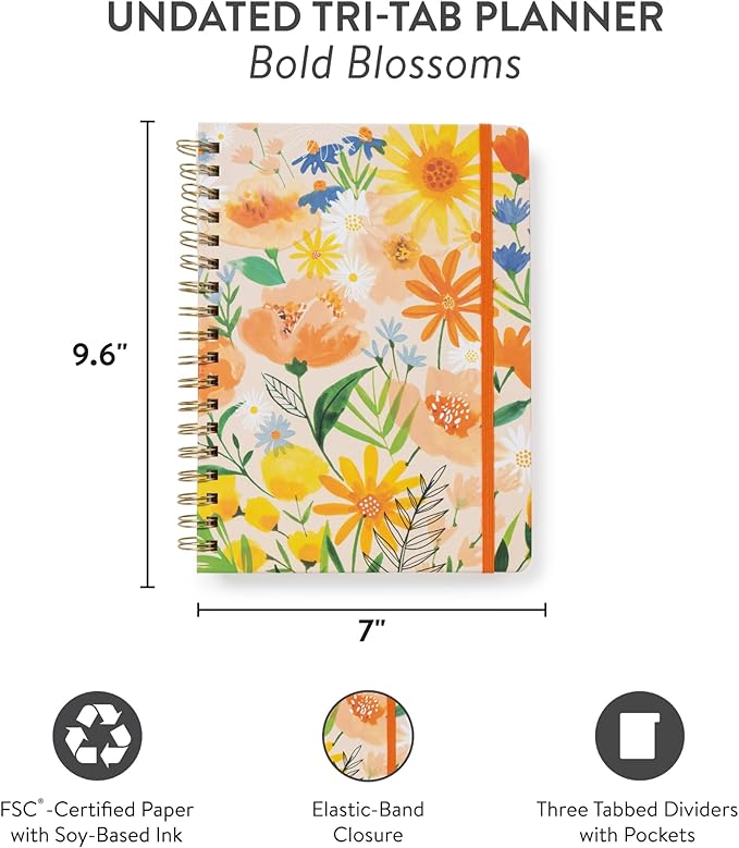 Orange Circle Studio Undated Tri-Tab Academic Planner 2026, Bold Blooms, Daily Notebook Journal, Cute Weekly and Monthly Calendar with Pocket, Stickers, Lined Pages for To Do lists and Planning