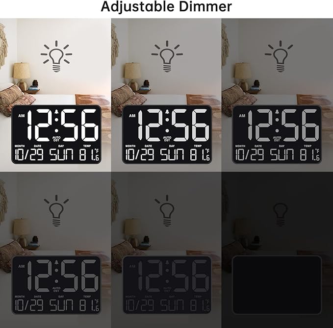 Soobest Large Display Digital Wall Calendar Clock with Date Day of Week, Alarm Clock for Bedroom Desk, Timer for Home Gym Workout 6 Dimmer Auto DST 12/24hr with Remote and Temperature(White)