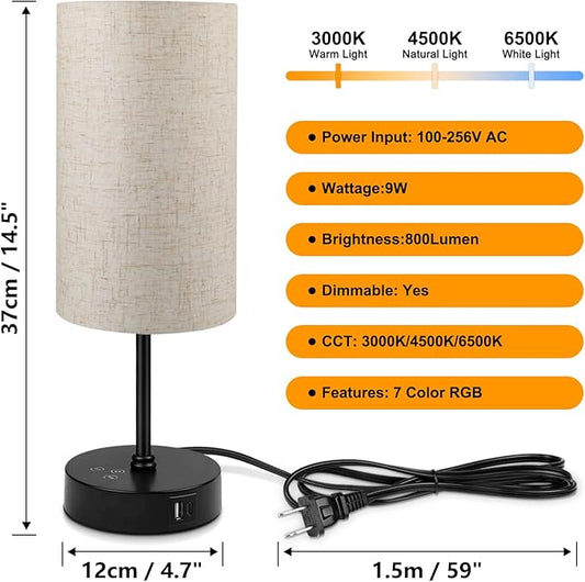 Ascher RGB Table Lamp Color Changing - 3 Color Temperatures and Stepless Dimmable Small Bedside Lamp for Bedroom, Touch Control Nightstand Light with Flaxen Shade for Reading Home Decor Lights