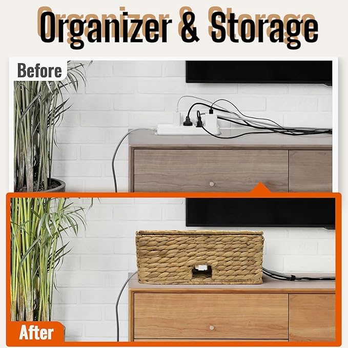 Cable Management Box, Water Hyacinth Organizer Box, Durable Rattan Cable Organizer, with 2 Open Slots for Home Office Desk Computer TV Wires USB Hub Power Strip, Handmade Rattan Cord Organizer Box