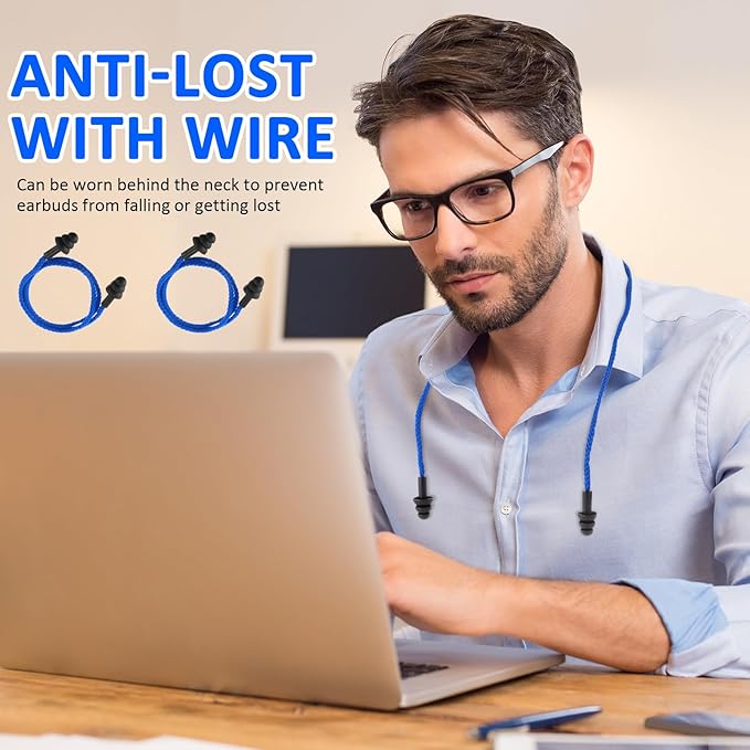 Xuhal 200 Pair Corded Ear Plugs Reusable Silicone Earplugs Individually Wrapped Hearing Protection Sleep Noise Cancelling for Work Construction Shooting Sports Noise Reduction(Blue, Black)