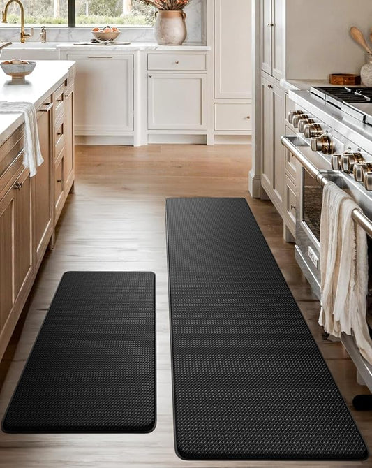 Anti-Fatigue Kitchen Mat Set – 2-Piece Memory Foam Cushioned Mats for Standing – Black, 18×30 & 18×60, 0.4 in Thick, Waterproof, Non-Slip – Homergy