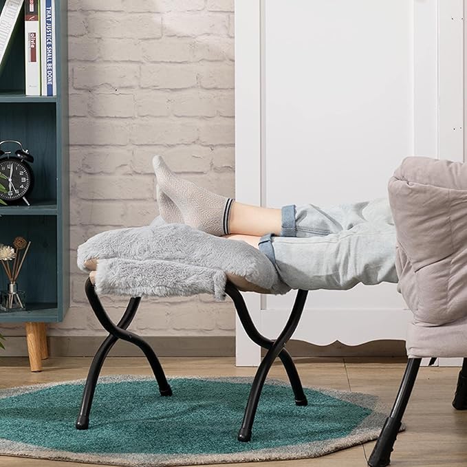 HollyHOME 15"(H) Folding Footrest Stool, Upholstered Small Foldable Ottoman, Accent Padded Sofa Foot Stool for Lazy Chair, Metal Frame Portable Foot Rest Ottoman for Home, Living Room, Bedroom, Grey