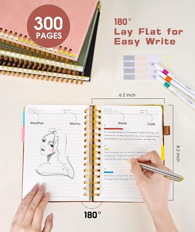 Hardcover Spiral Notebook journal with Removable Dividers Tabs, 300 Pages Leather 5 Subject Notebook College Ruled,A5 Notebooks for Work School Note taking,Lined Journal for Women,A5 Light Brown