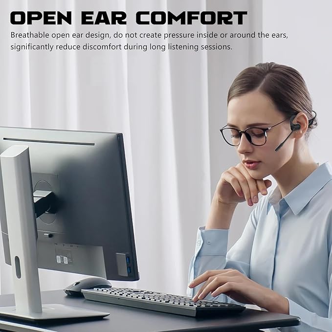Open Ear Bluetooth 5.4 Headphones with Mic, Lightweight Wireless Headset with Microphone Noise Cancelling Mute Button for Home Office Work Driving Running Workouts, Dual Link, 15H Playtime