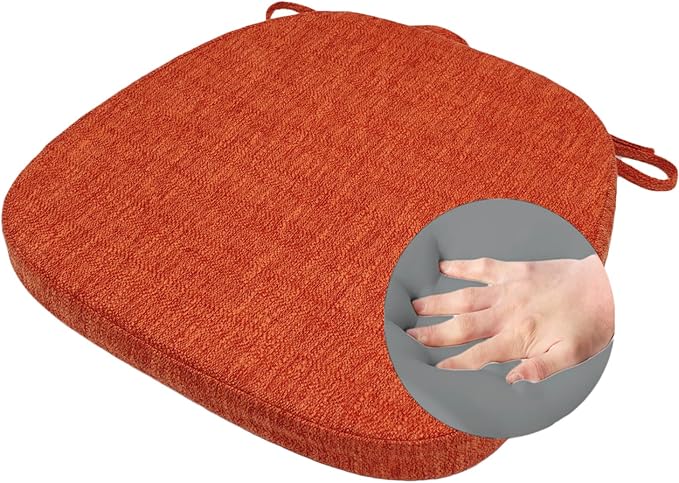 Seat Cushion with Ties for Kitchen Chairs - Memory Foam Non Slip Dining Room Chair Pad with Machine Washable Cover [16.5 x 16.2 Inches] - Orange