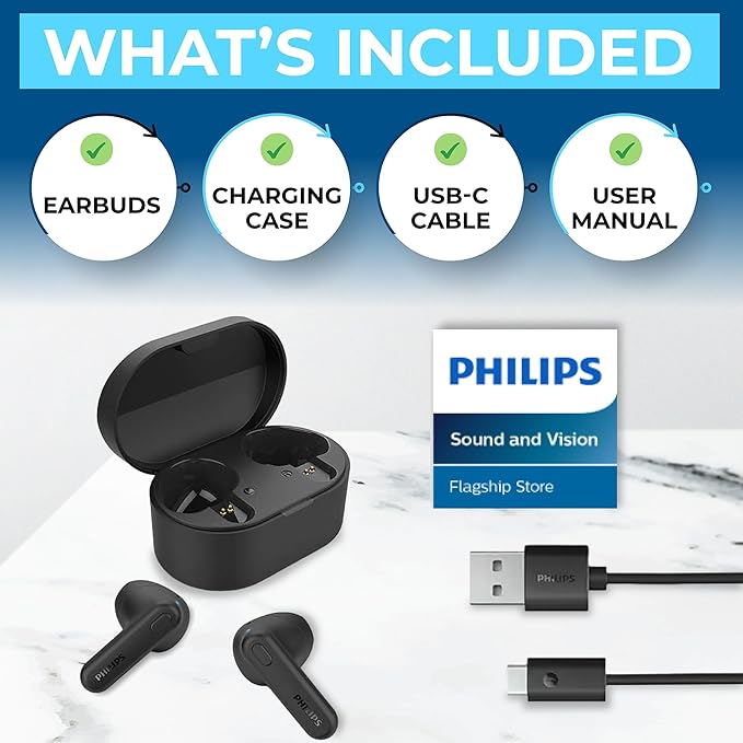 PHILIPS True Wireless Earbuds, TWS Bluetooth 5.3 Headphones, 13mm Drivers, AI Mic for Clear Calls, IPX4 Waterproof, 15 Hours Playtime, Compatible w/iPhone Android & Bluetooth Devices, TAT1138