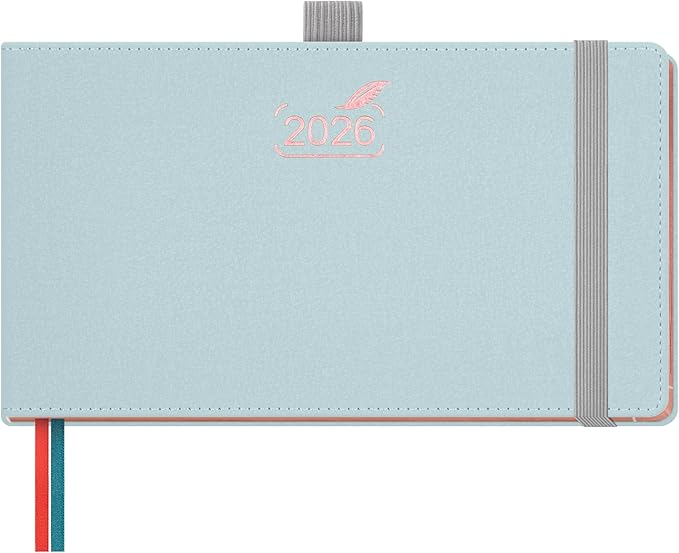 BEZEND Pocket Calendar 2026 Weekly and Monthly (6.5" x 3.75") Horizontal Planner with Vertical Hourly Timeslots, Bookmarks & Inner Pocket, Vegan Leather Hardcover - Dutch Blue