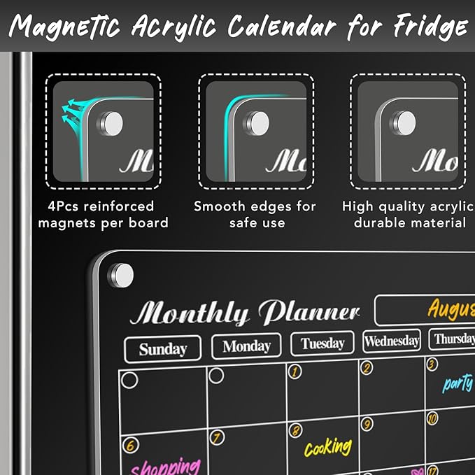 DIYMAG Planning Pads 4Pack Acrylic Magnetic Dry Erase Calendar for Fridge, Clear Skylight Calendar Set 2025 Magnetic Weekly Monthly Daily Memo Planner Board for Refrigerator with 6 Colors Markers