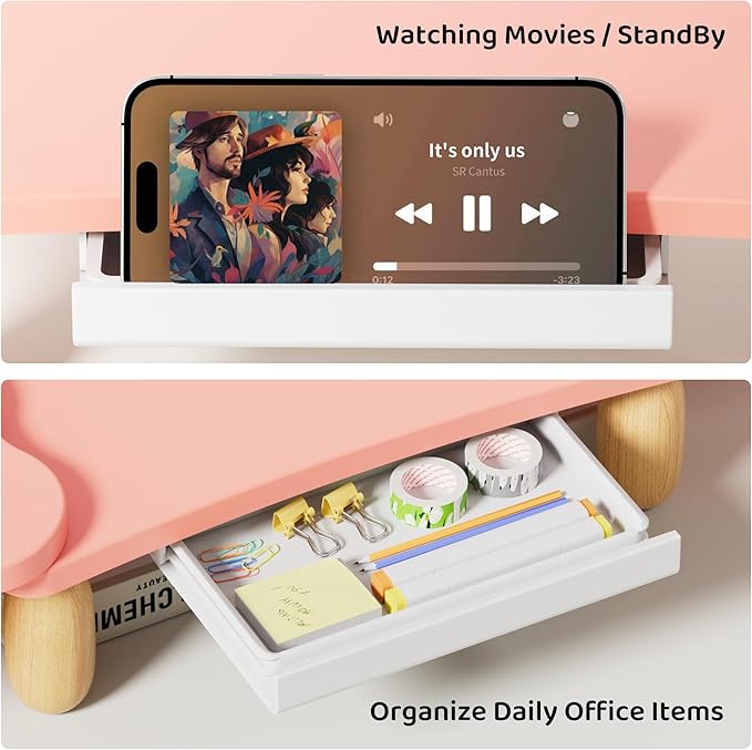 Dual Monitor Riser - Cookie-Shaped Adjustable Length & Swivel Angle, Wooden Desktop Organizer for 2 Monitors, Stand With Drawer for Laptop, PC, Computer, Printer, Pink