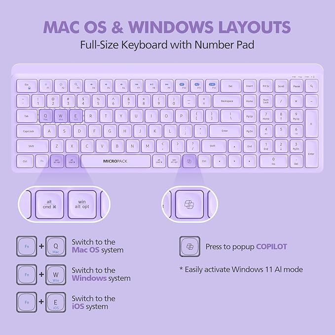 Purple Wireless Keyboard and Mouse Combo for Desktop Mac iPad Bluetooth 2.4 Ghz Rechargeable Slim Silent Click with Number Pad Compatible with Pc, Laptop, Tablet (Purple)