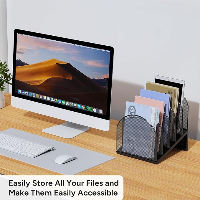 5-Section Desk File Organizer, Metal Mesh Folder Organizer for Documents, Mail & Office Papers (Black)