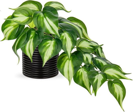 Hollyone Artificial Pothos Plants Potted Fake Ivy Plants in Black Ceramic Pot Faux Hanging Plants Indoor for Home Living Room Shelf Office Aesthetic Decor