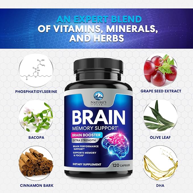 Brain Memory Supplement Pills - Nootropics Support for Concentration, Clarity, Alertness & Focus - Brain Health with Bacopa, Cognitive Vitamins, Phosphatidylserine, DMAE - Brain Booster - 120 Capsules