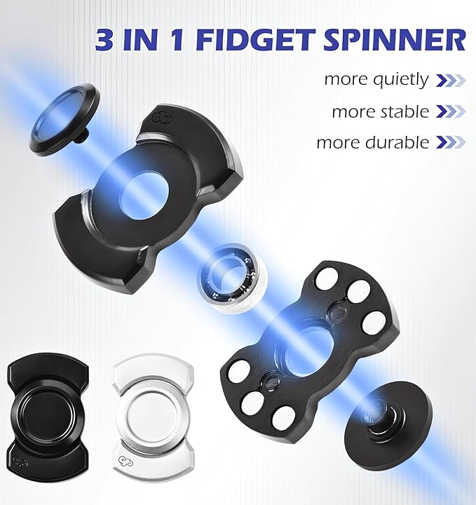 Metal Fidget Toys Adults,3 Play Model (Fidget Spinner,Fidget Clicker,Fidget Slider),Ultra-Silent,High-Speed Rotation,Compact Stress Relief Toy for Adult(2 Pcs)