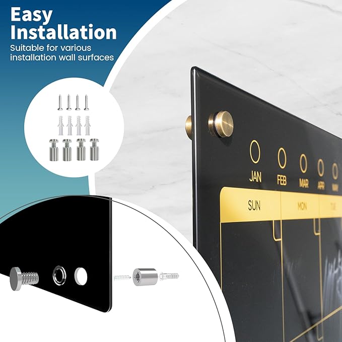 Magnetic Glass Blackboard Calendar 48"x36" Monthly Glass Dry Erase Board for Wall Planner GlassBlack Board Calender Wall Mounted for Office School Home(Black)