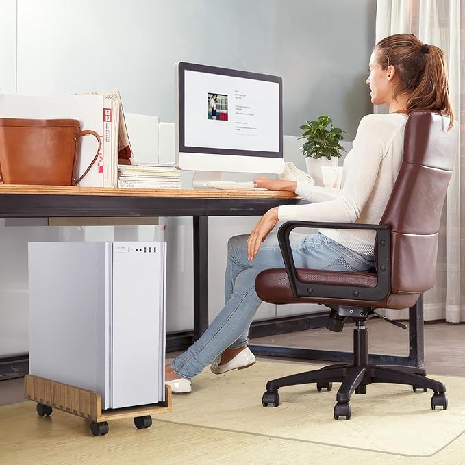 KIRIGEN Computer Tower Stand Cart - Heavy Duty Desktop Mobile Cart Holder for Computer Host with 4 Mute Caster Wheels - Wood Rolling ATX PC Case Rack, CPU Case Protecting Shelf (ZJJ Dark Brown)