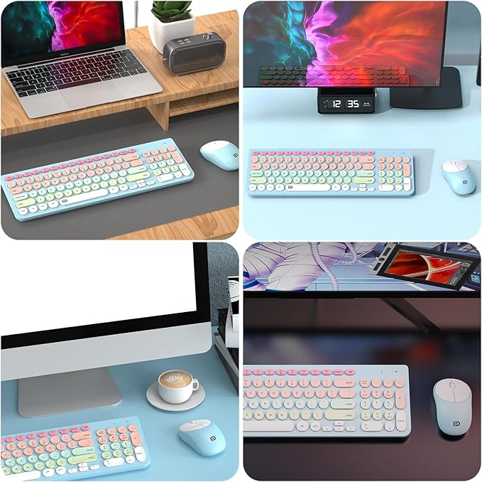 Wireless Keyboards Mouse Combos, Colorful Cute Typewriter Full-Size Retro Round Keyboard, 2.4GHz Sleep Mode Office Quiet Wireless Creamy Keyboard and Mouse Set for Desktop Laptop PC Computer-Blue