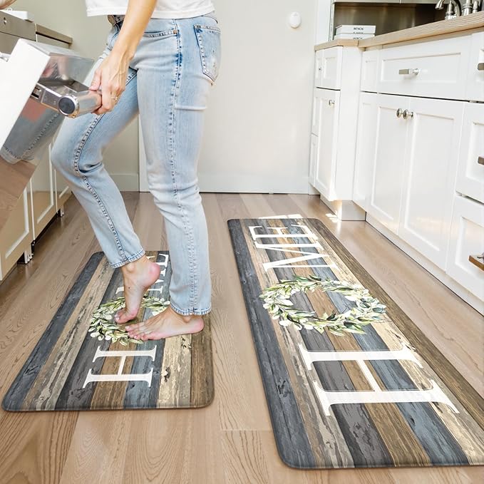 KIMODE Farmhouse Kitchen Floor Mats Cushioned Anti Fatigue,Memory Foam Rugs Non Slip Sets of 2,Long Waterproof Carpet for Sink Laundry Office Bathroom,Blue 17"x59"+17"x29"