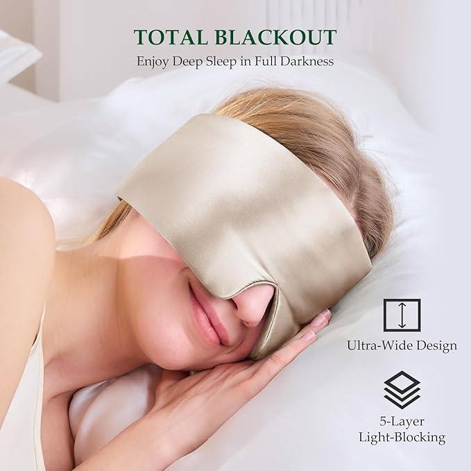 100% Mulberry Silk Sleep Mask, Large Size Travel Eye Masks for Side Sleepers, Adjustable Sleeping Mask for Women and Men, 100% Blackout Eye Mask for Sleeping Champagne