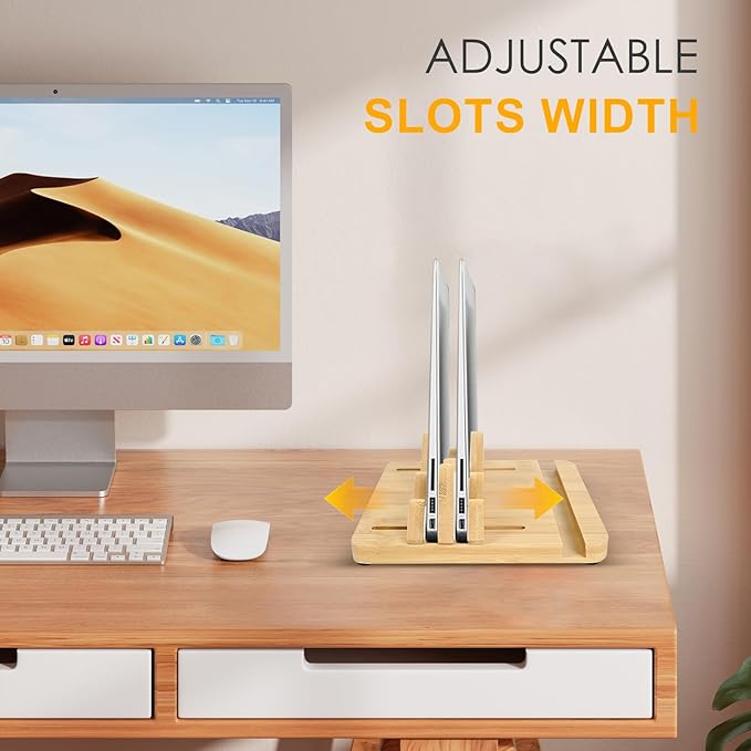 Wooden Vertical Laptop Stand, Double Stand Adjustable Laptop Holder Mountain Shape 3 Slots Desktop Dock Compatible with All MacBook/Surface/Samsung/HP/Dell and Other Laptops