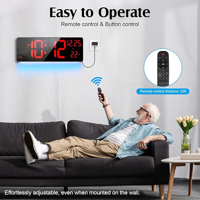 16.5" Large Digital Wall Clock with RGB Night Lights, Auto Dimmer, Remote Control, Date, Indoor Temperature, DST
