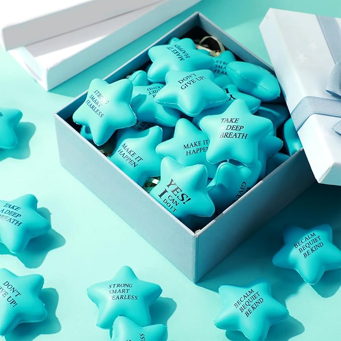Chalyna 30 Pieces Motivational Star Stress Ball Quote Relief , 2.2 Inch PU Foam Stress Toys Bulk Sensory Star Toy Gifts for Kids Teens Adults Relieve Anxiety Party Supplies(Sky Blue)