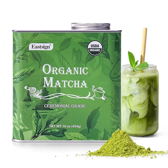 Eastsign Matcha Ceremonial Grade USDA Organic,Green Tea Powder 16oz, Premium USDA Organic Gluten Free Vegan and No Sugar,Suitable for Hot or Cold Drinks,Baking and Other Purposes(16oz)