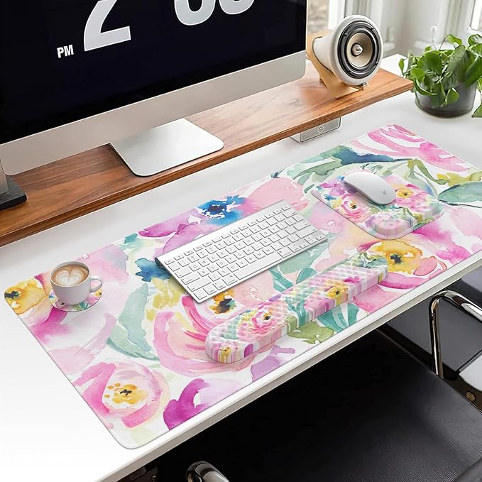 HAOCOO Mouse Pad with Wrist Rest, Large Desk Mat, Ergonomic Keyboard Wrist Support, 4pcs Computer Desk Pad Set with Coaster, Memory Foam Gaming Mousepad for Laptop Girls, Pink Floral