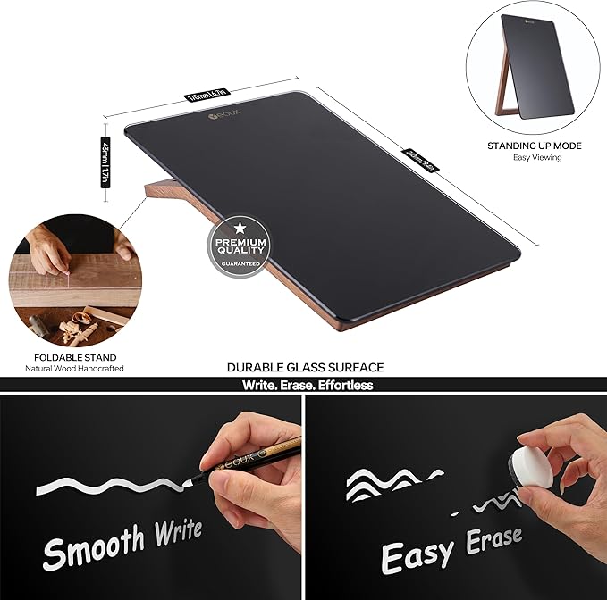 Desktop Black Glass Dry Erase Whiteboard with Reversible Wood Stand, Small Portable White Board Easel for Desk, Reusable Desk Notepad 9.5"x6.7" for Office, Home, School, Marker&Eraser Included, Yeoux