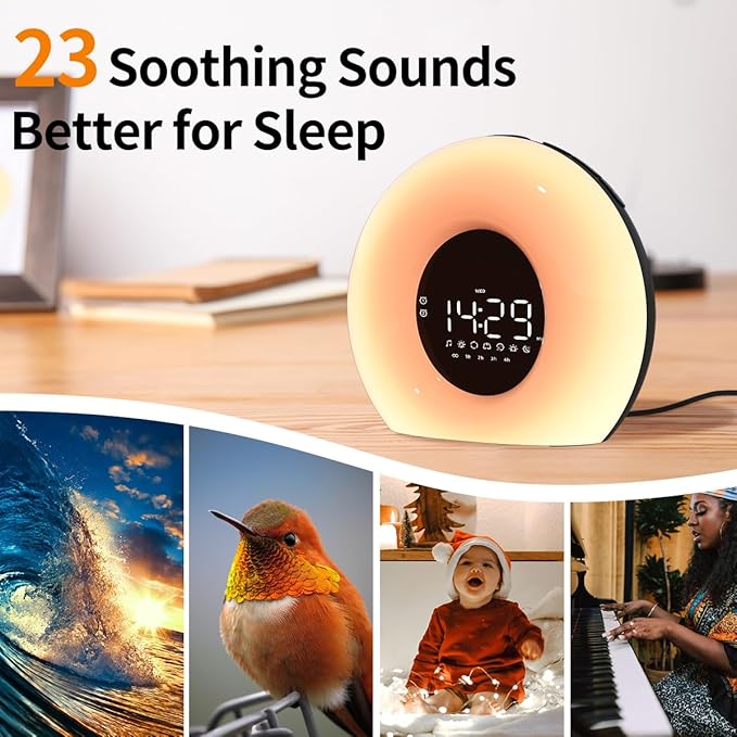 Wake Up Light Sunrise Alarm Clock with Sunrise Sunset Simulation 23 Nature Sleep Sounds 13 Colors Night Light Dual Alarms Snooze Function Sleep Aid for Heavy Sleepers Kids Adults (Black)