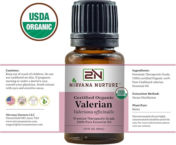 Valerian Essential Oil USDA Certified Organic 100% Pure Premium Therapeutic Grade, Undiluted - Aromatherapy Diffuser for Calm and Relaxation, Skin Care, Hair Care