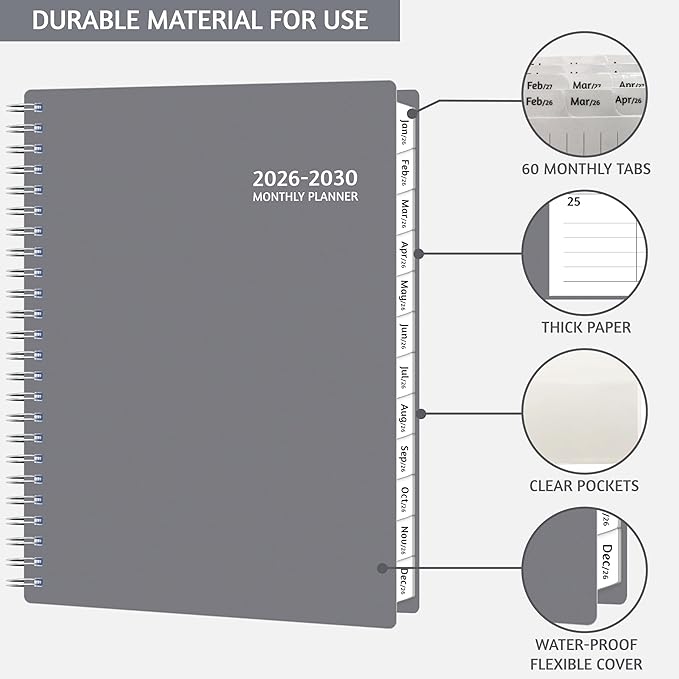 Monthly Planner 2026-2030, 5-Year Calendar Planner 2026-2030, Jan 2026 – Dec 2030, 6.2 x 8.4 In, Ruled Spread, Flexible Cover, Spiral Wirebound, Pocket, 60 Coated Monthly Tabs, Notes ＆ Habit Tracker