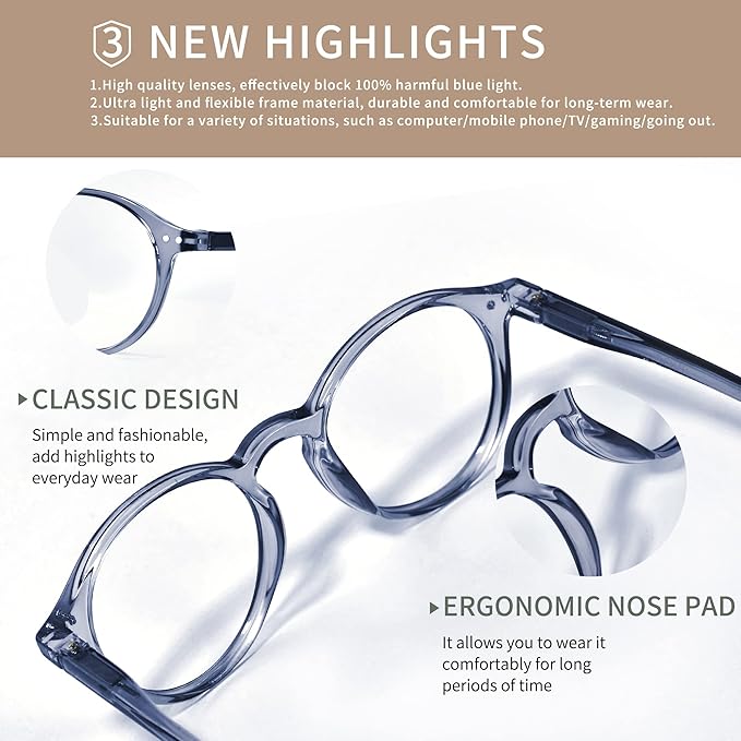 Blue Light Blocking Glasses Round Retro Computer Gaming Glasses Women Men UV Protection AB3303 (Black/Blue)