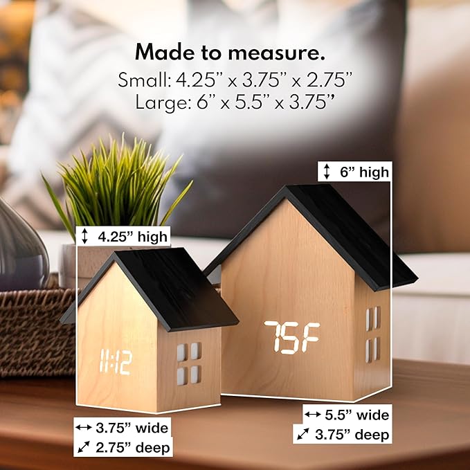 Driini Digital House-Shaped Alarm Clock with Temperature Display (Light Wood) – Modern Aesthetic - Cute Cube Frame and White LED Dimmer - Perfect Large Desk Clock for Bedside Table or Bedroom Mantle