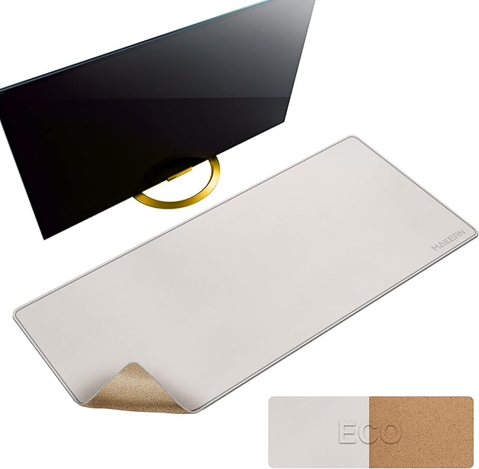 MAIDERN 40" x 16" Reversible XXL Cork & Leather Desk Pad, Full Desk Mat Protector for Gaming Home Office (Cream)