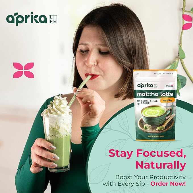 AprikaLife Matcha Latte Powder, Premium Barista Crafted Mix with Natural Vanilla Flavor - Authentically Japanese - 1st Harvest Ceremonial Grade, Sweet Matcha Powder Used by Coffee Shops 6.8 oz / 180g
