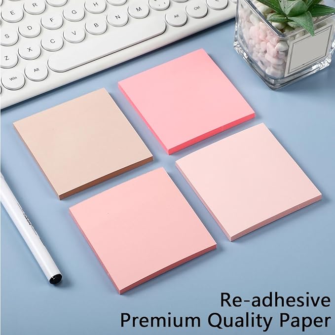 Thenshop 12 Pads Pink Sticky Notes 3''x3'', Self Stick Notes Pads Pink Office Supplies, Vintage Aesthetic School Accessories 50 Sheets/pad
