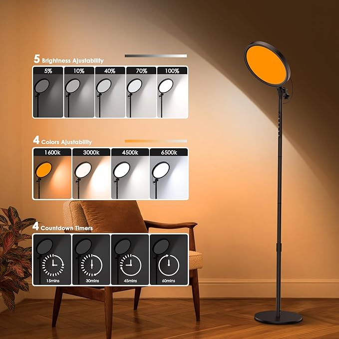 Light Therapy Lamp, 13,000 Lux Sunlight Lamp with Touch&Remote Control, Floor Lamp with 4 Color Temperatures &5 Brightness Levels,Full Spectrum Light with 4 Timers for Reading/Office/Home