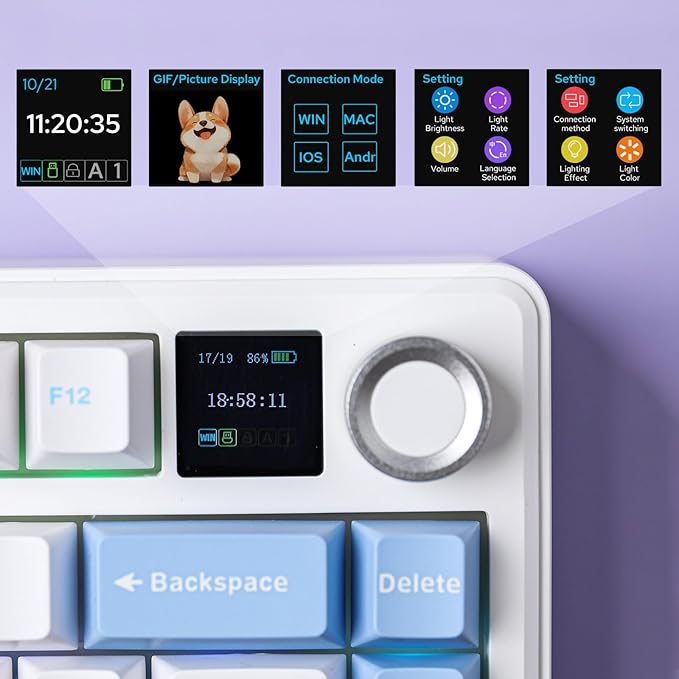 EPOMAKER X Aula F75 MAX Wireless Mechanical Keyboard with TFT Screen and Knob, Gasket Gaming Keyboard in 75% Layout, Hot Swappable, RGB Backlight, for PC/Mac/Linux (Blue&White&Purple)