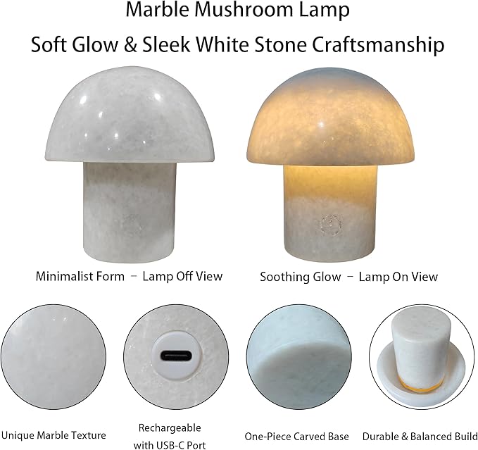 Rechargeable Mushroom Night Light - Dimmable Natural Marble Stone Table Lamp, LED Touch Light for Bedside, Meditation, Entryway, Gift Idea