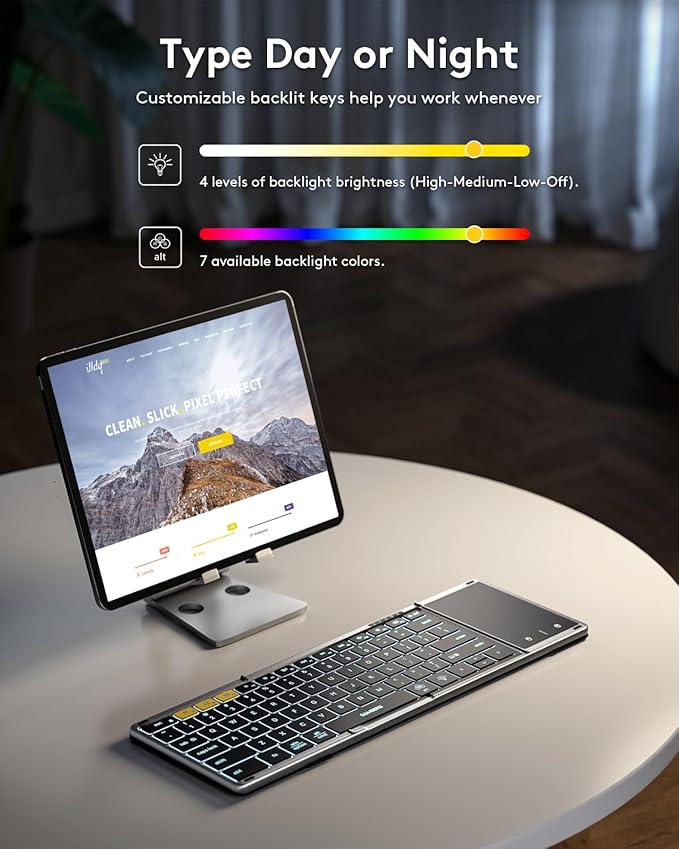 Samsers Foldable Bluetooth Keyboard with Touchpad, Full-Size Wireless Folding Keyboard with Backlight, Portable Travel Keyboards for iOS Android Windows Mac OS, Support 3 Device(BT5.1 x 3), Gray