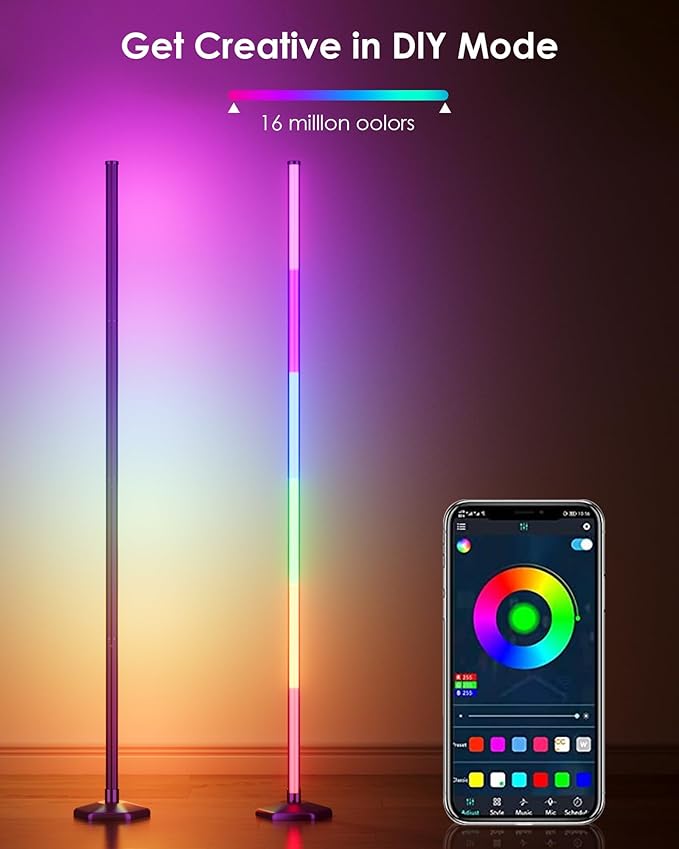 2PCS RGB+W Corner Floor Lamp, 65" Color Changing 24V LED Floor Lamp with Cool White Bluetooth APP Remote Control Music Sync Modern Stand Lamp 16 Million DIY Colors for Living Room Bedroom